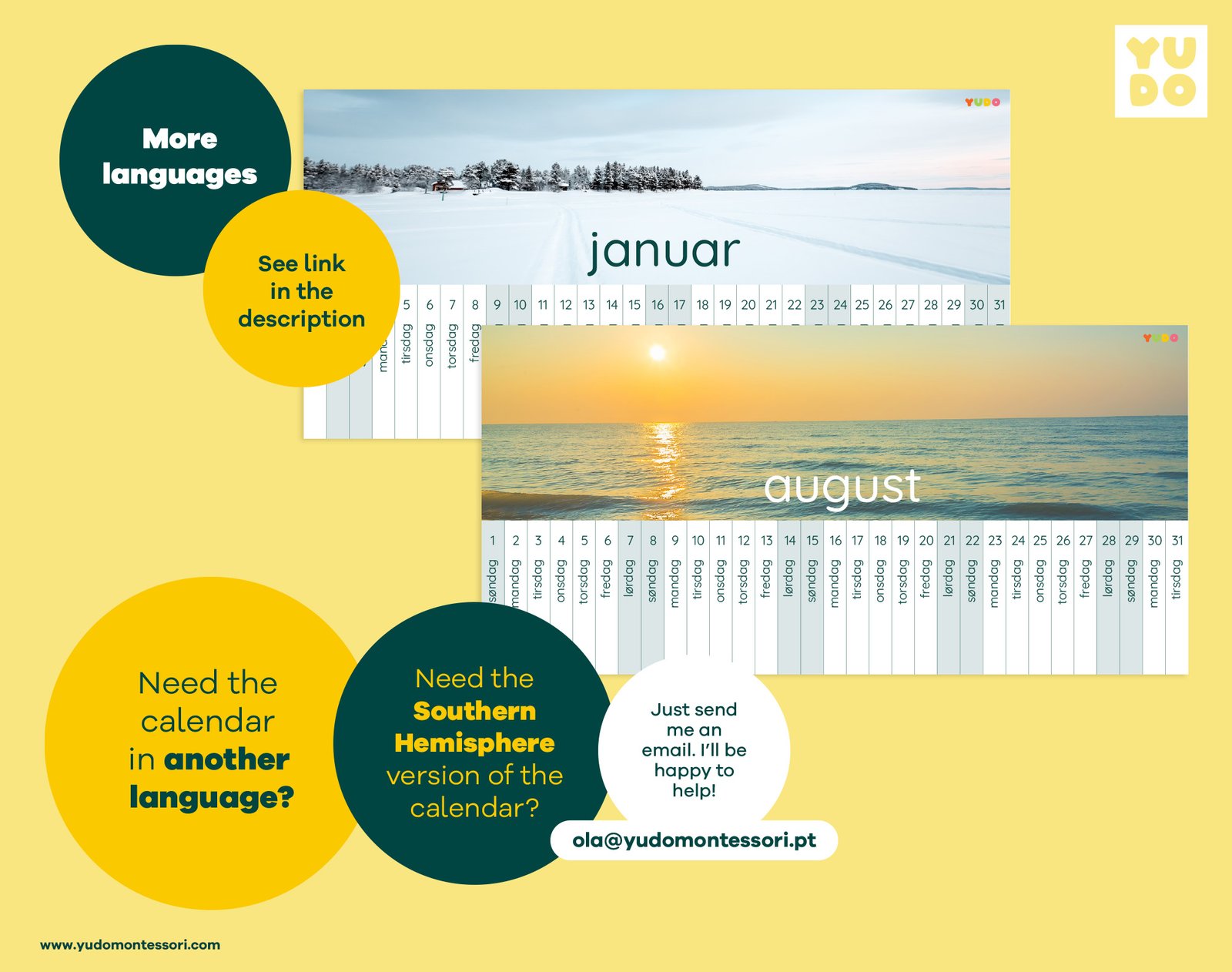 Montessori Linear Calendar 2027 full year printable - January, and August months